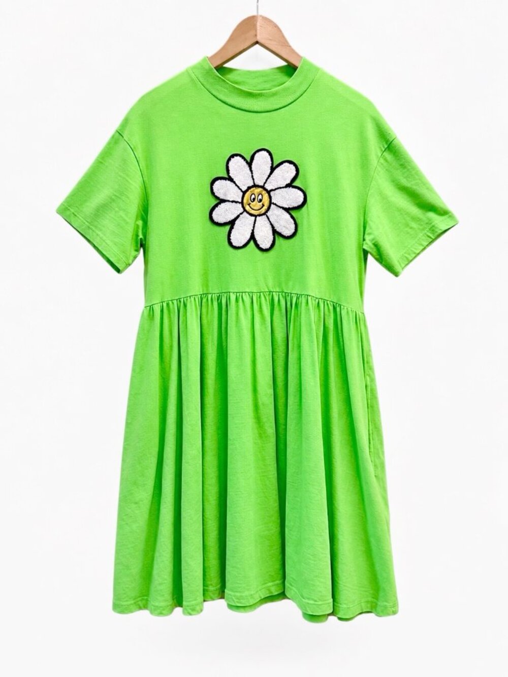 Lazy Oaf Giant Daisy Lime Green Smock Dress S Chenille Flower Pockets